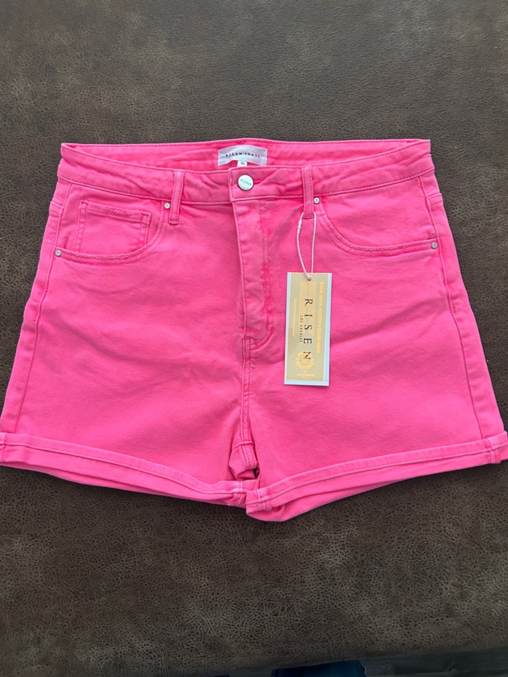 High-Rise Pink Denim Shorts with Turn-Up Hem